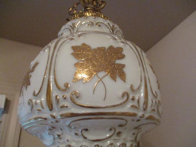 Hollywood Regency Style Gold Flower White Glass Swag Hanging Light