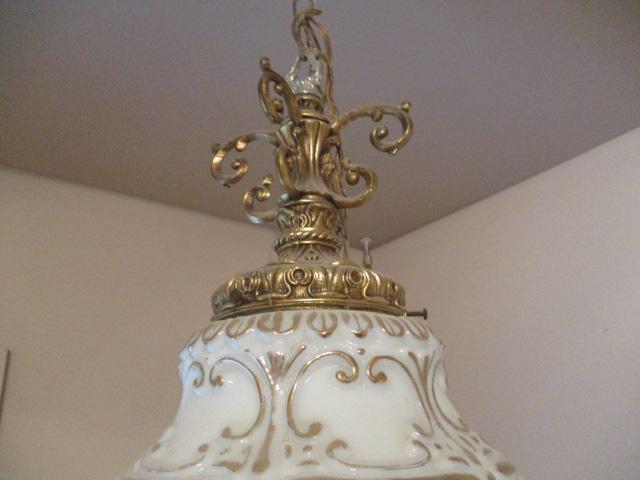 Hollywood Regency Style Gold Flower White Glass Swag Hanging Light