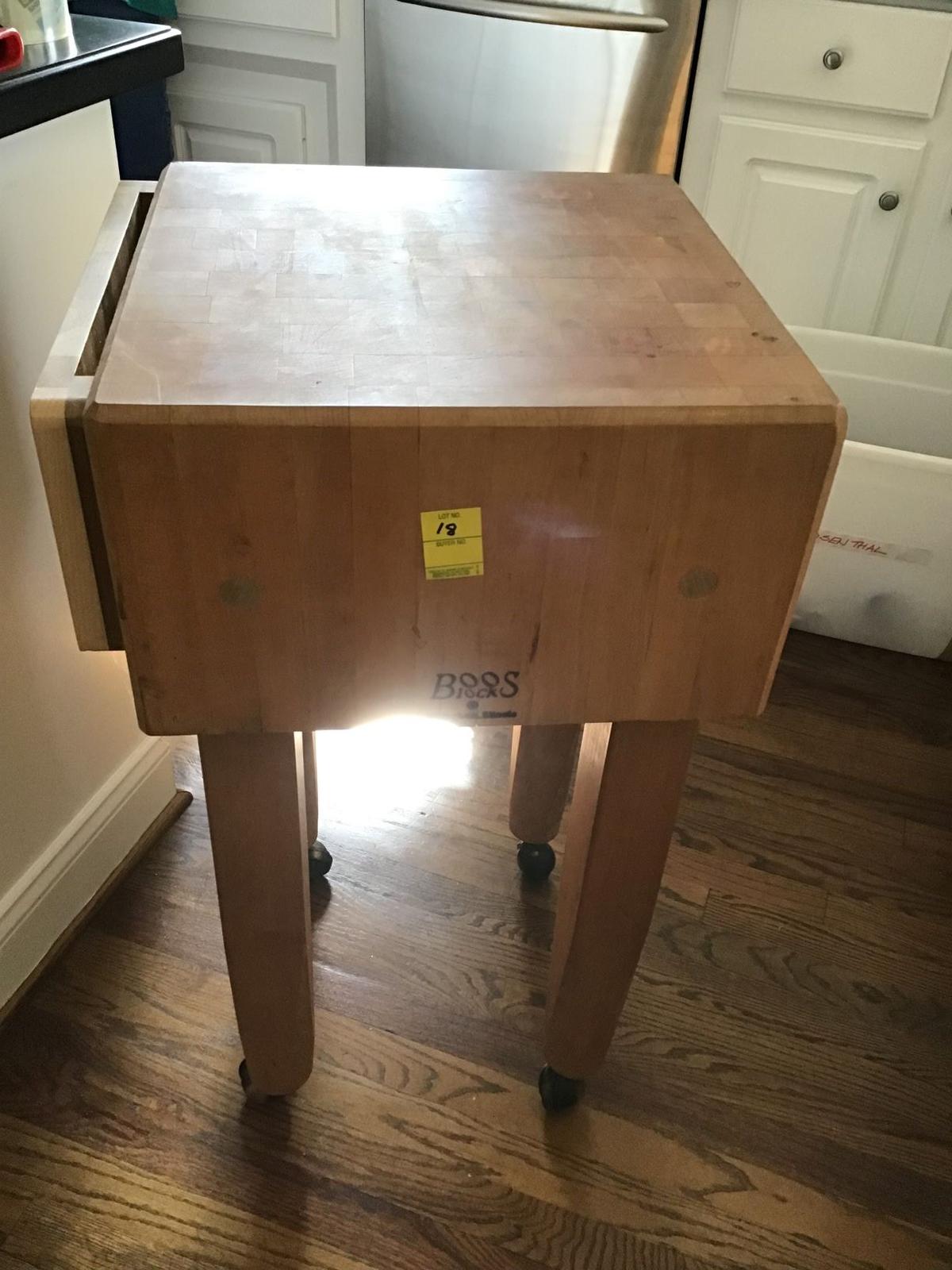 BOOS BUTCHER BLOCK TABLE ON ROLLERS