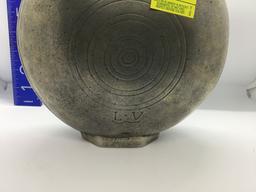 ANTIQUE PEWTER OVAL CANTEE/WINE VESSEL MARKED ENGRAVED L V WITH HALLMARKS ON BOTTOM RIM