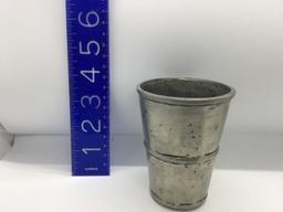 ANTIQUE PEWTER CUP ENGRAVED L R ON FRONT WITH SEVERAL HALLMARKS ON BOTTOM