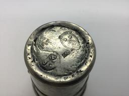 ANTIQUE PEWTER CUP ENGRAVED L R ON FRONT WITH SEVERAL HALLMARKS ON BOTTOM
