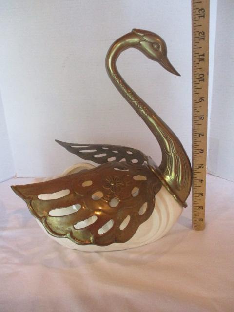 Two Brass and Ceramic Swan Planters