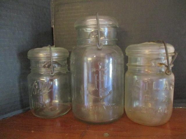 Three Vintage Lock Lid Jars - Ball, Anchor Hocking and Atlas