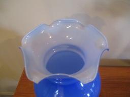 Blue Cased Ruffle Edge Art Glass Vase