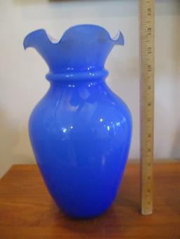 Blue Cased Ruffle Edge Art Glass Vase