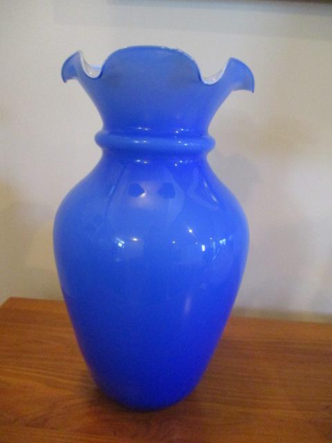 Blue Cased Ruffle Edge Art Glass Vase