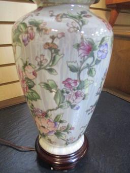 Oriental Floral Vase Lamp with Wood Base