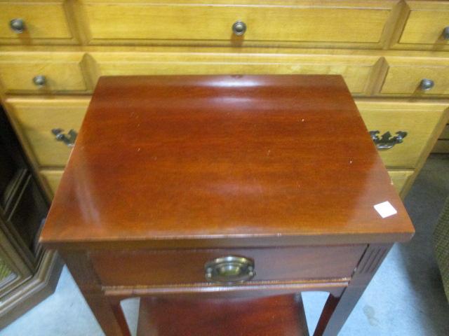 Mahogany Finish Table with Drawer and Undershelf