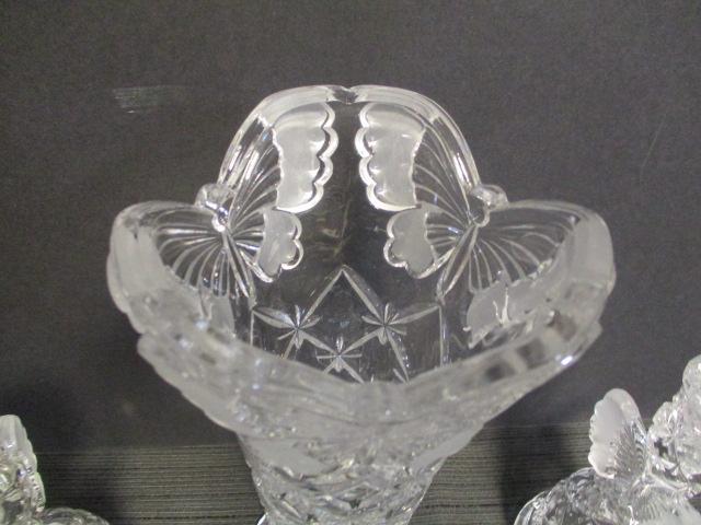 Glass Vase, Butter Dish and Pair of Candle Holders with Frosted Glass Butterflies