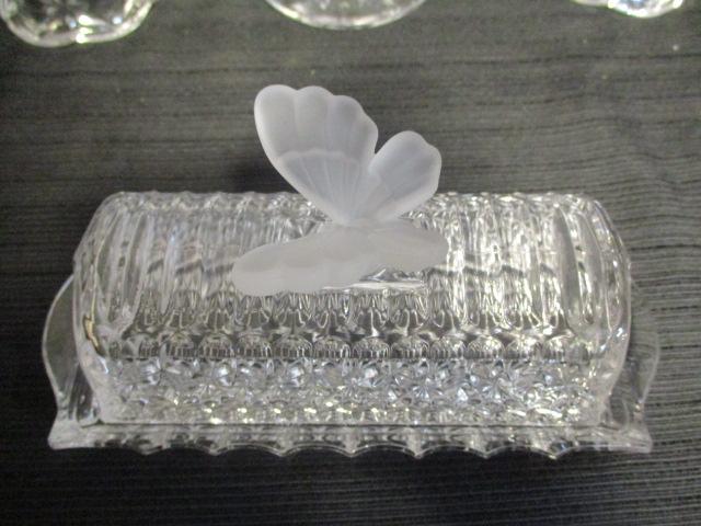 Glass Vase, Butter Dish and Pair of Candle Holders with Frosted Glass Butterflies