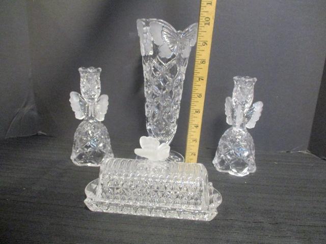 Glass Vase, Butter Dish and Pair of Candle Holders with Frosted Glass Butterflies