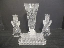 Glass Vase, Butter Dish and Pair of Candle Holders with Frosted Glass Butterflies