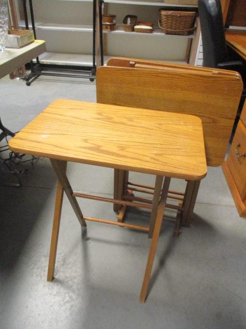 Four Wood TV Trays in a Stand