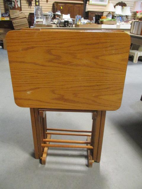 Four Wood TV Trays in a Stand