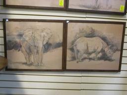 Framed Elephant and Rhinoceros Prints