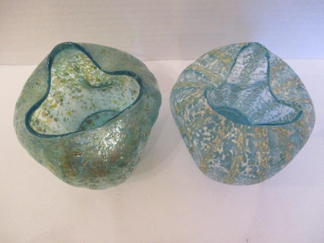 Two Rose Bowls - Pale Blue Glass Pinched Painted and Iridescent