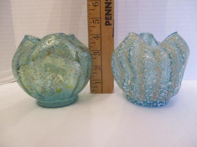 Two Rose Bowls - Pale Blue Glass Pinched Painted and Iridescent