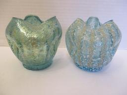 Two Rose Bowls - Pale Blue Glass Pinched Painted and Iridescent