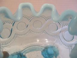 Blue Footed Rose Bowl with Opalescent Rim and Pair of Hobnail Candleholders