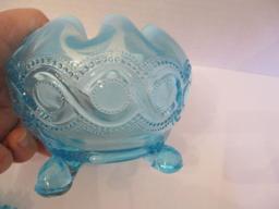 Blue Footed Rose Bowl with Opalescent Rim and Pair of Hobnail Candleholders