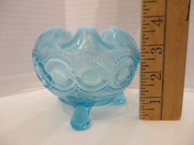 Blue Footed Rose Bowl with Opalescent Rim and Pair of Hobnail Candleholders