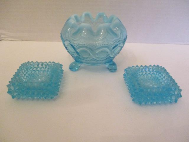 Blue Footed Rose Bowl with Opalescent Rim and Pair of Hobnail Candleholders