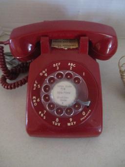 Vintage Red Western Electric Rotary Dial Desk Phone and AT&T Beige