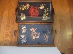 Two Hand Crafted Wood Trays with Oriental Design Cutouts Under Glass