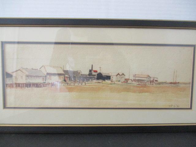 Vintage Initialed Original Watercolor of Harbor Scene