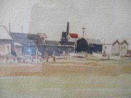 Vintage Initialed Original Watercolor of Harbor Scene