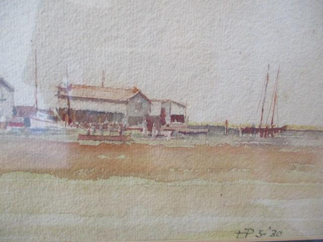 Vintage Initialed Original Watercolor of Harbor Scene