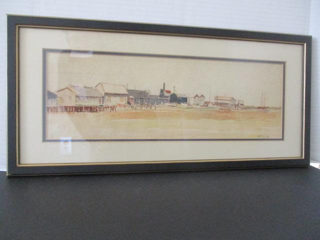 Vintage Initialed Original Watercolor of Harbor Scene