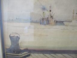Framed and Matted Original Harbor Scene Watercolor