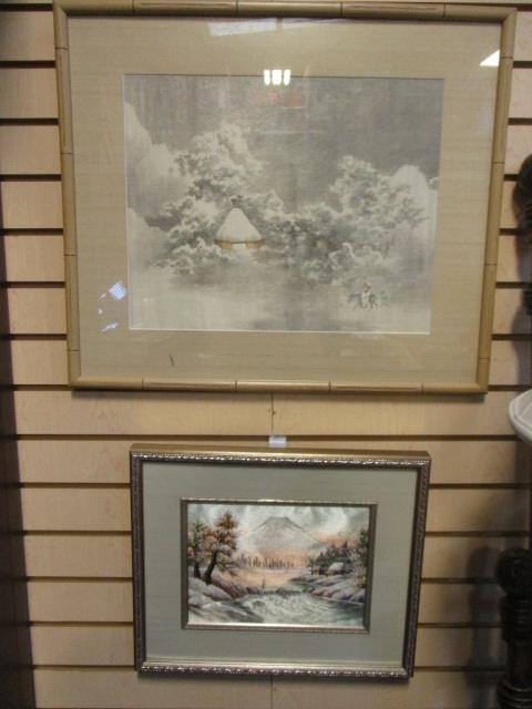 Pair Of Framed And Matted Painted Silk(?) Oriental Landscapes