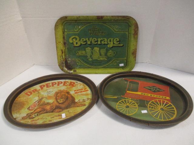 Three Metal Trays - Dr. Pepper, A&P, and Beverage Co.