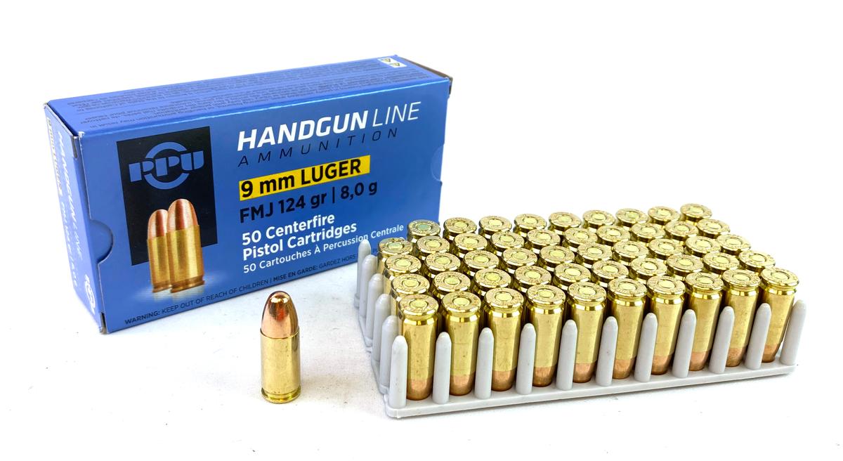 NIB 50rds. 9mm 124gr. FMJ PPU Brass Ammunition