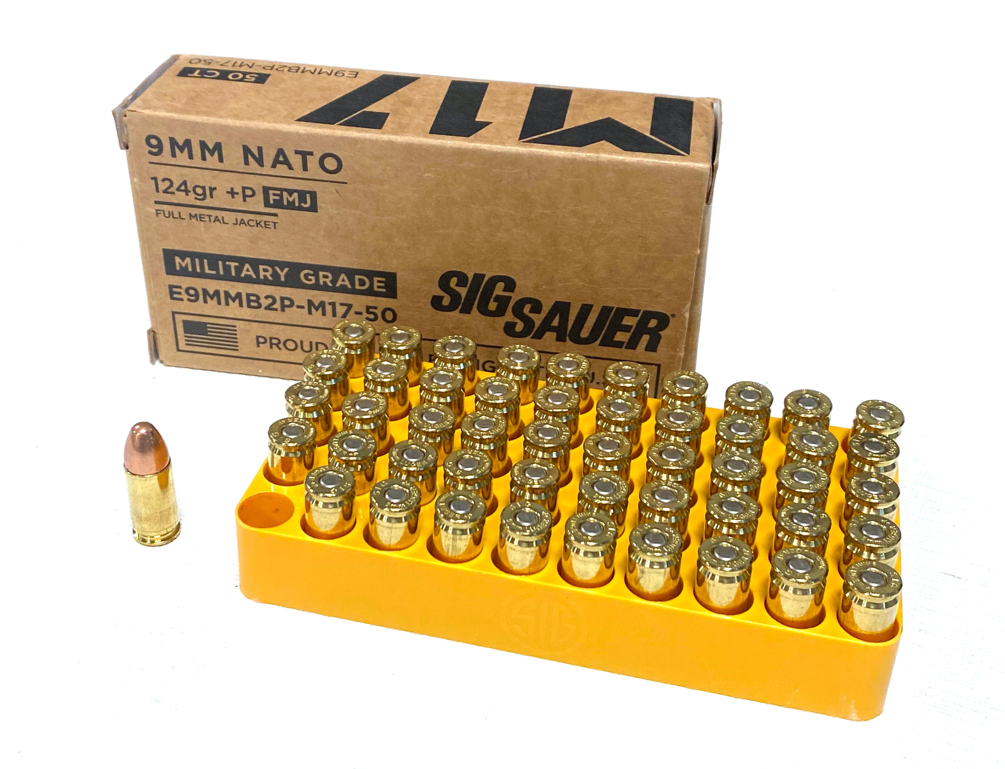 NIB 50rds. 9mm NATO 124gr. +P FMJ Sig Sauer Military Grade Ammunition