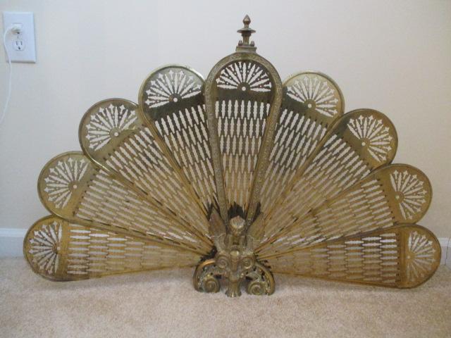 Brass Peacock Fireplace Fan with Winged Phoenix