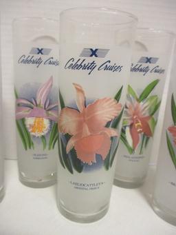 Eight Carnival Cruises Frosted Recipe Cocktail Glasses with Orchids