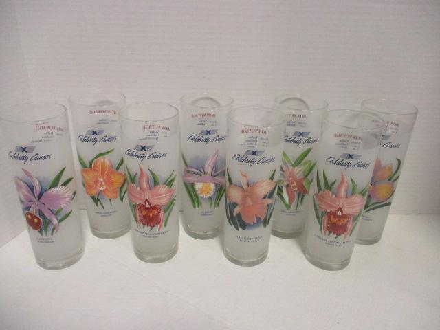 Eight Carnival Cruises Frosted Recipe Cocktail Glasses with Orchids