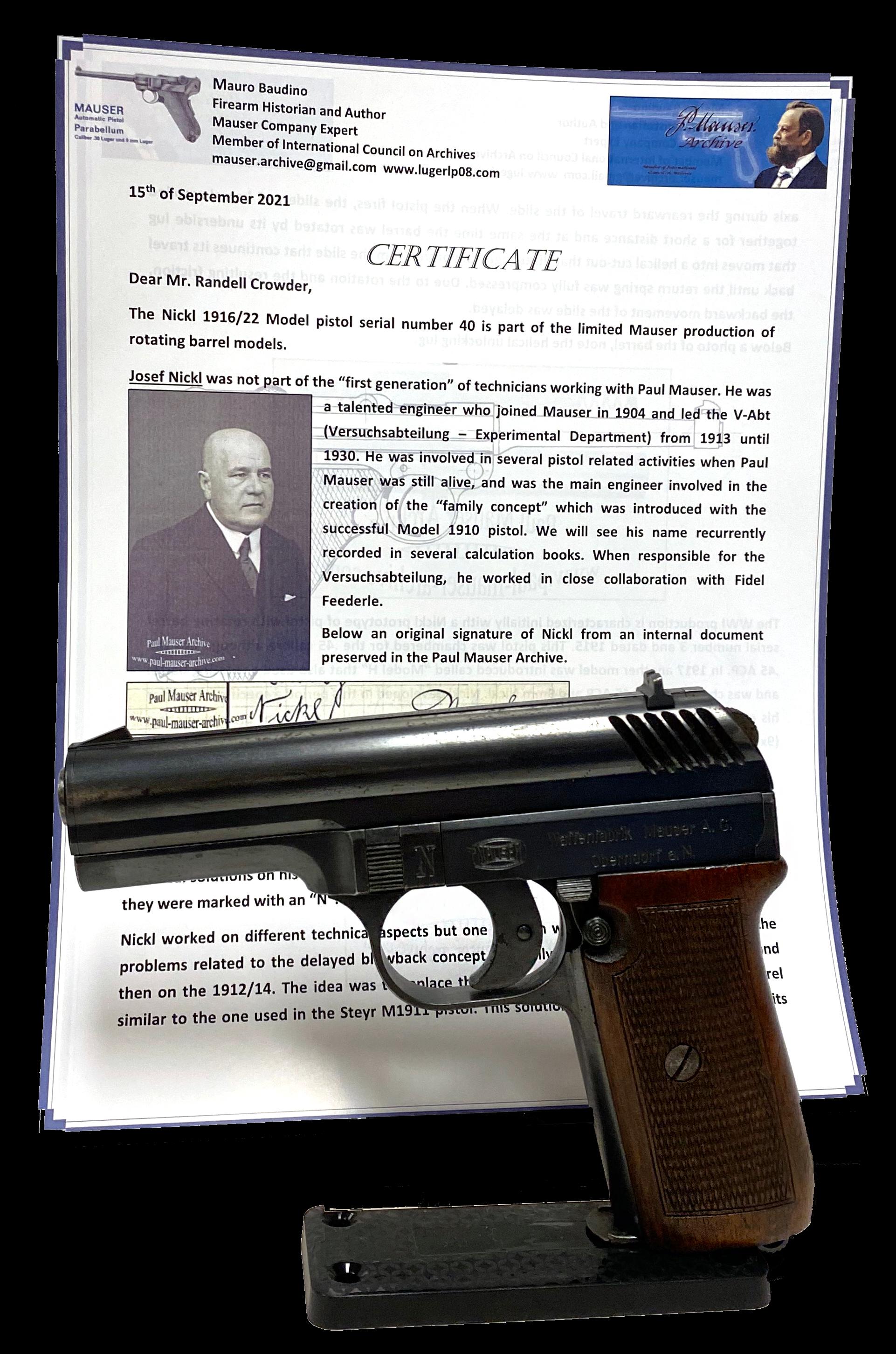 Extraordinarily RARE Experimental Prototype Josef Nickl Patent Mauser M1916/22 9MM Pistol