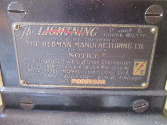 Antique The Hedman Mfg. F&E "The Lightening" Check Writer Machine No. 2001936