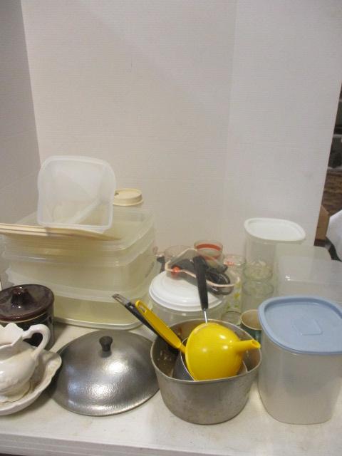 Partial Table Lot:   Plastic Storage, Vintage Glassware, Brown Crock,