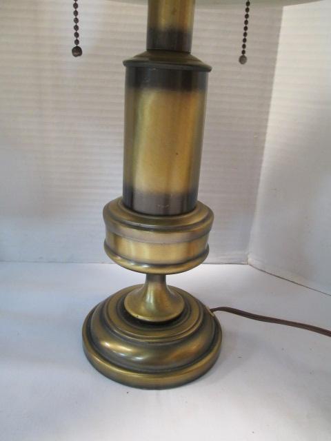 Pair Of Antique-Brass Finish Lamps With Metal Shades