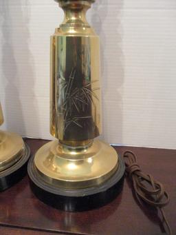 Pair of Embossed Brass Japanese Lamps with Wood Stands