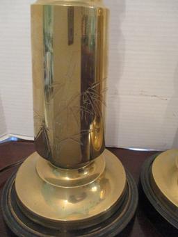 Pair of Embossed Brass Japanese Lamps with Wood Stands