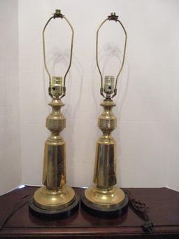 Pair of Embossed Brass Japanese Lamps with Wood Stands