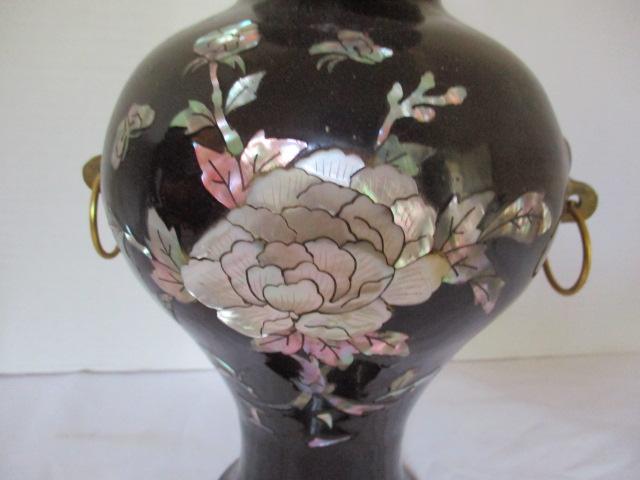 Brass Vase with Black Enamel and Mother of Pearl Flower