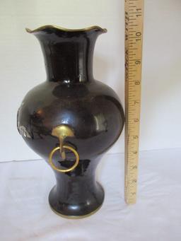 Brass Vase with Black Enamel and Mother of Pearl Flower